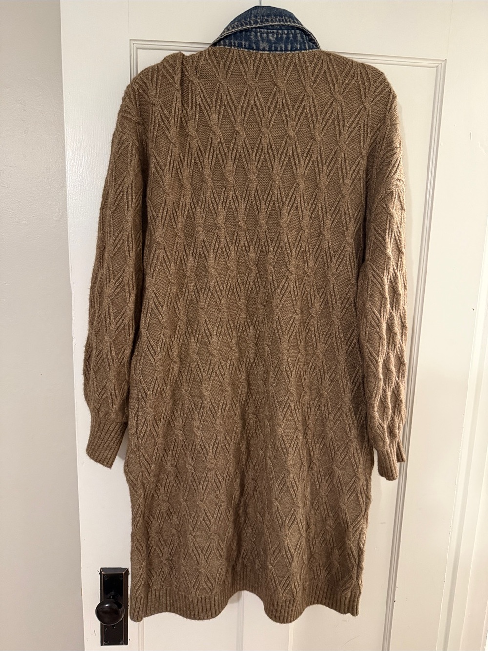 Button-Front Long Knit Cardigan with Denim Collar - Brown - Picture 6 of 6